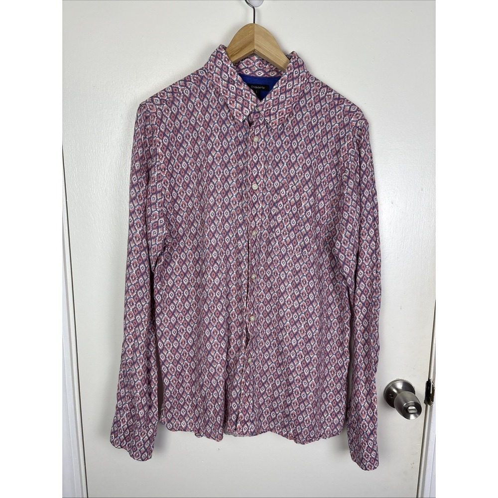 Ondademar Men's Long Sleeve Linen Shirt Size Large All Over Geometric Print Slim